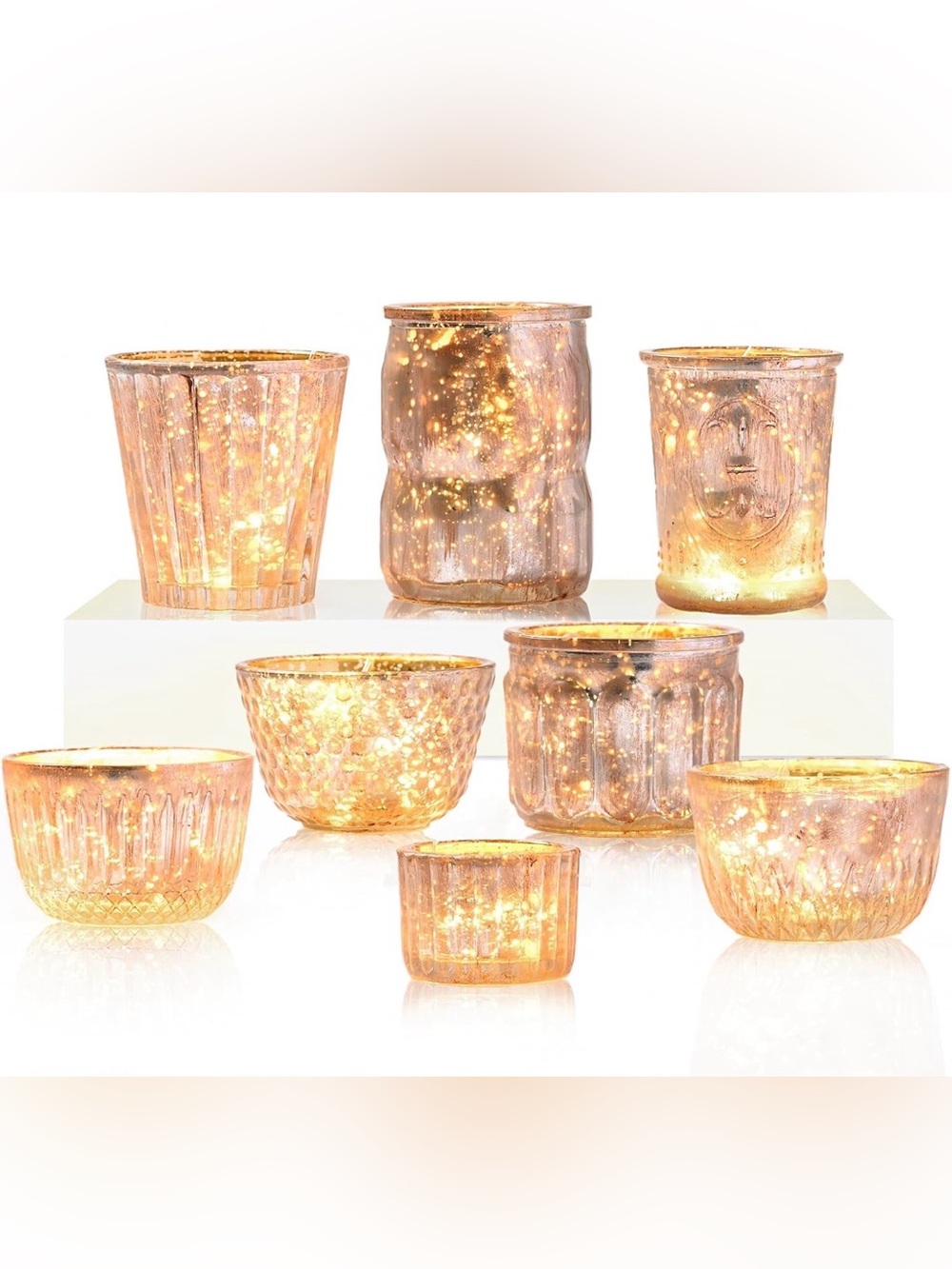 DN DECONATION 8PCS Gold Assorted Mercury Glass Votive Candle Holders
